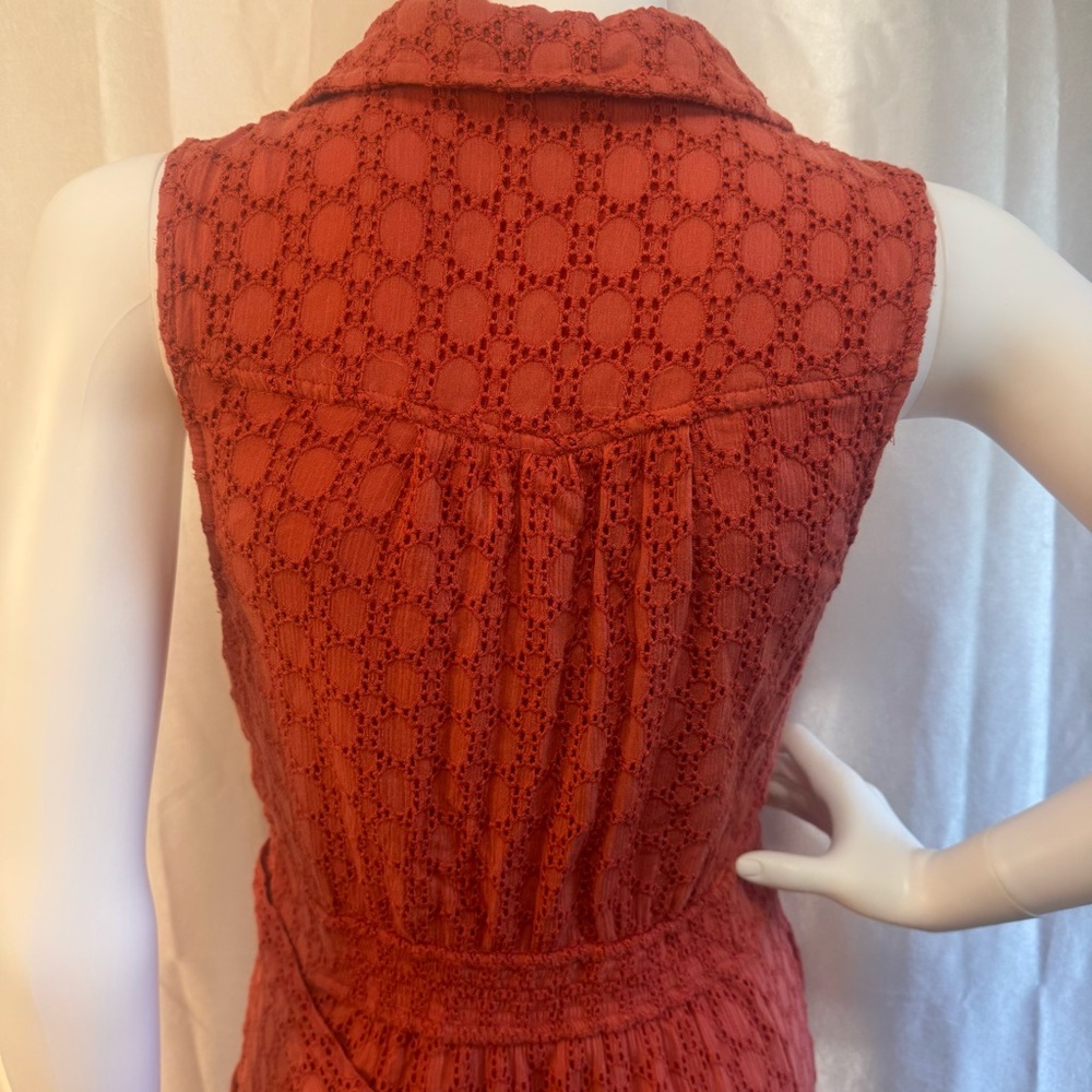 Anthropologie Elm Burnt Rust Orange Lacy Eyelet Sleeveless Collared Midi Dress - Picture 5 of 14